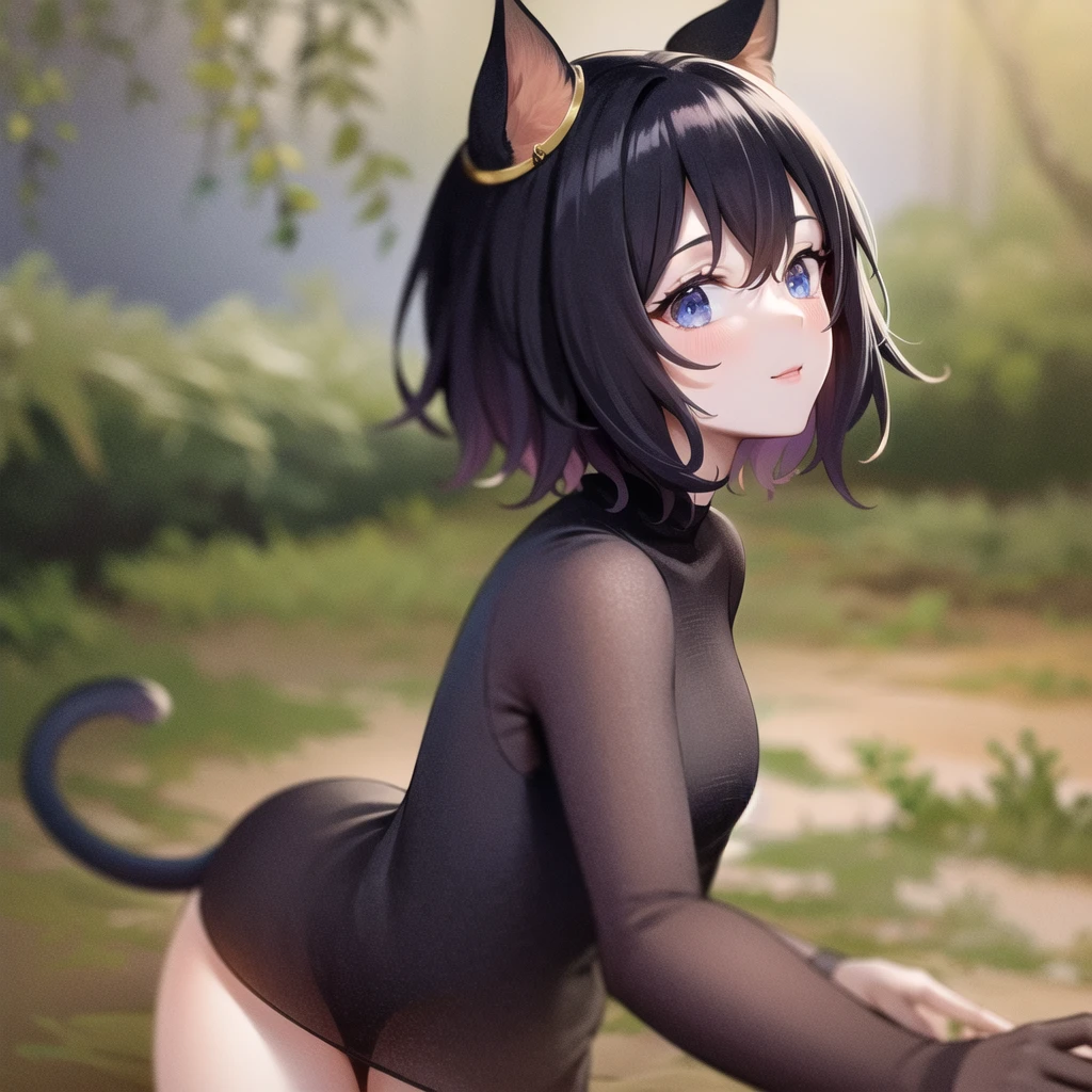 (8k uhd: 1.1), (masterpiece: 1.1), (best quality: 1.1), (high quality: 1.1), (absurdres: 1.1), (ultra-detailed: 1.1), detailed background, 2.5d, photo focus, depth of field, in the cinematic frame, under realistic lighting fran, catgirl, black hair, blue eyes, hair ornament, animal ear fluff, short hair, cat tail, black shirt, smile, (> <:1.2),