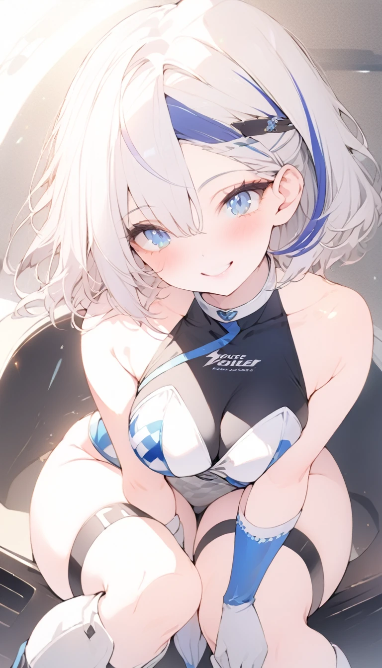 beautiful, masterpiece, Highest quality, anime, One girl, C Cup,Portrait Shot, View your viewers, Intricate details,>,((Covered、Short Hair、nearby、Blue Eyes、art、、White hair,Blue streaked hair、wallpaper、、hairpin、smile、Thighs、Plainer_Race Queen、Plainer_Gloves、Plainer_Knee-high boots