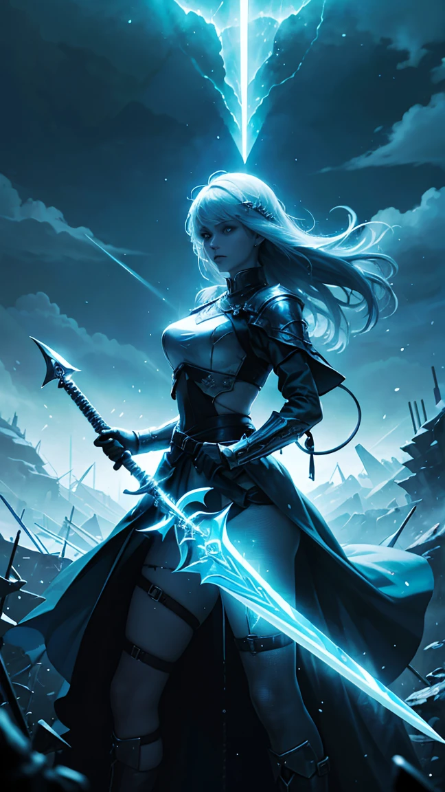 women while holding blood swords, ice swords, blue, blue aura, two women, rapper sword, nazi logo swords.HD lighting and dark )<=(epic image quality)dark atmosphere with bright particle light(many effects in background)