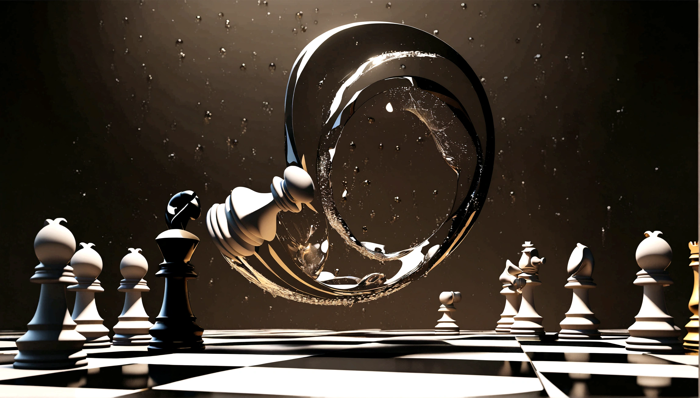 围chess ，Bronze texture，pieces are being blown by a glass ball on a chess board, surreal chess, Artistic Rendering, Water Art Control, water whirlpool, 3D fluid simulation rendering, Clean Rendering, chess, chess game, water powers water whirlpool, !!playing chess!!, 3 d Artistic Rendering, Dynamic composition and movement, Water treatment photoshop, Excellent composition, splash，Bronze texture