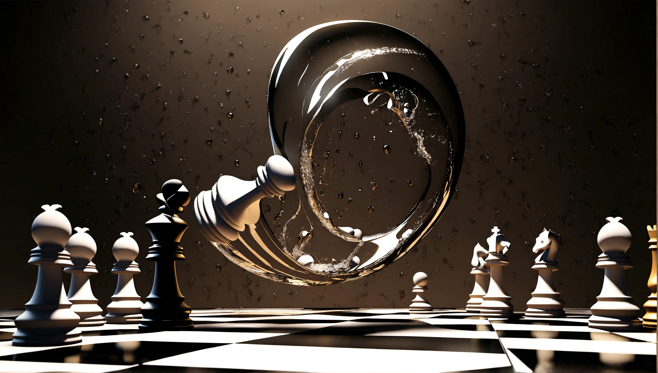 围chess ，Bronze texture，pieces are being blown by a glass ball on a chess board, surreal chess, Artistic Rendering, Water Art Control, water whirlpool, 3D fluid simulation rendering, Clean Rendering, chess, chess game, water powers water whirlpool, !!playing chess!!, 3 d Artistic Rendering, Dynamic composition and movement, Water treatment photoshop, Excellent composition, splash，Bronze texture