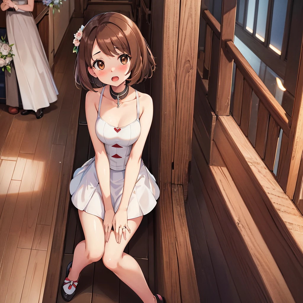 masterpiece, Highest quality, High resolution, Gloria1, 1 Girl, Gloria\(Pokémon\), Brown Hair, , Brown Eyes, , Short Hair, , Bobcut, bangs, , 　１Describe a girl carefully　１Girl　Expression in love　blush　Open Mouth　blush　church　Wedding dress（mini skirt）　breast enhancement