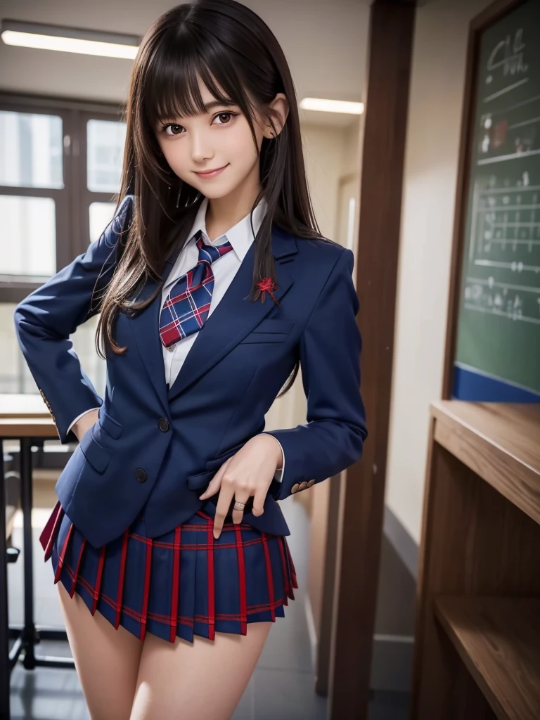 (8K, RAW Photos, Highest quality), Stand in the classroom of school, (((((((One woman))))))), ((Brown Hair)), ((Long Bob Hair)), ((Detailed eyes)), ((smile)), ((Red tie)), (((Dark blue closed blazer))), (((A blue plaid pleated miniskirt that wraps around the hips))), Asymmetrical bangs, 楽しそうなsmile, Thighs, knees, Random pose,pretty girl,Slender girl