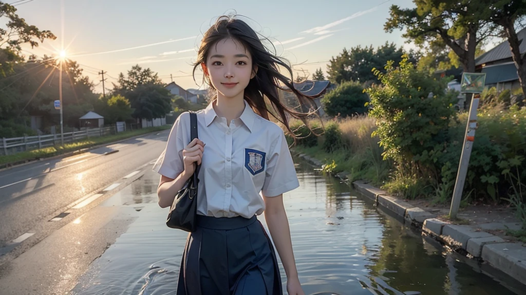 8K、RAW Photos、Highest quality、Super detailed、Super Resolution、Ultra HD、8K壁紙、Amazing details summer、evening、sunset、A rural road lined with rice fields、Paved roads、Woman walking on a country road、16 year old school girl in uniform、Drink water、School bag、Blue sky、Shining Sun、Water bottle、smile