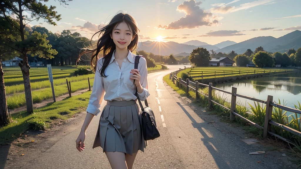 8K、RAW Photos、Highest quality、Super detailed、Super Resolution、Ultra HD、8K壁紙、Amazing details summer、evening、sunset、A rural road lined with rice fields、Paved roads、Woman walking on a country road、16 year old school girl in uniform、Drink water、School bag、Blue sky、Shining Sun、Water bottle、smile