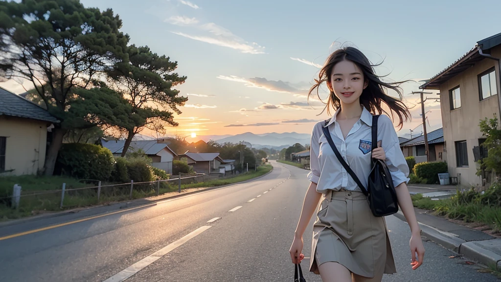 8K、RAW Photos、Highest quality、Super detailed、Super Resolution、Ultra HD、8K壁紙、Amazing details summer、evening、sunset、A rural road lined with rice fields、Paved roads、Woman walking on a country road、16 year old school girl in uniform、Drink water、School bag、Blue sky、Shining Sun、Water bottle、smile
