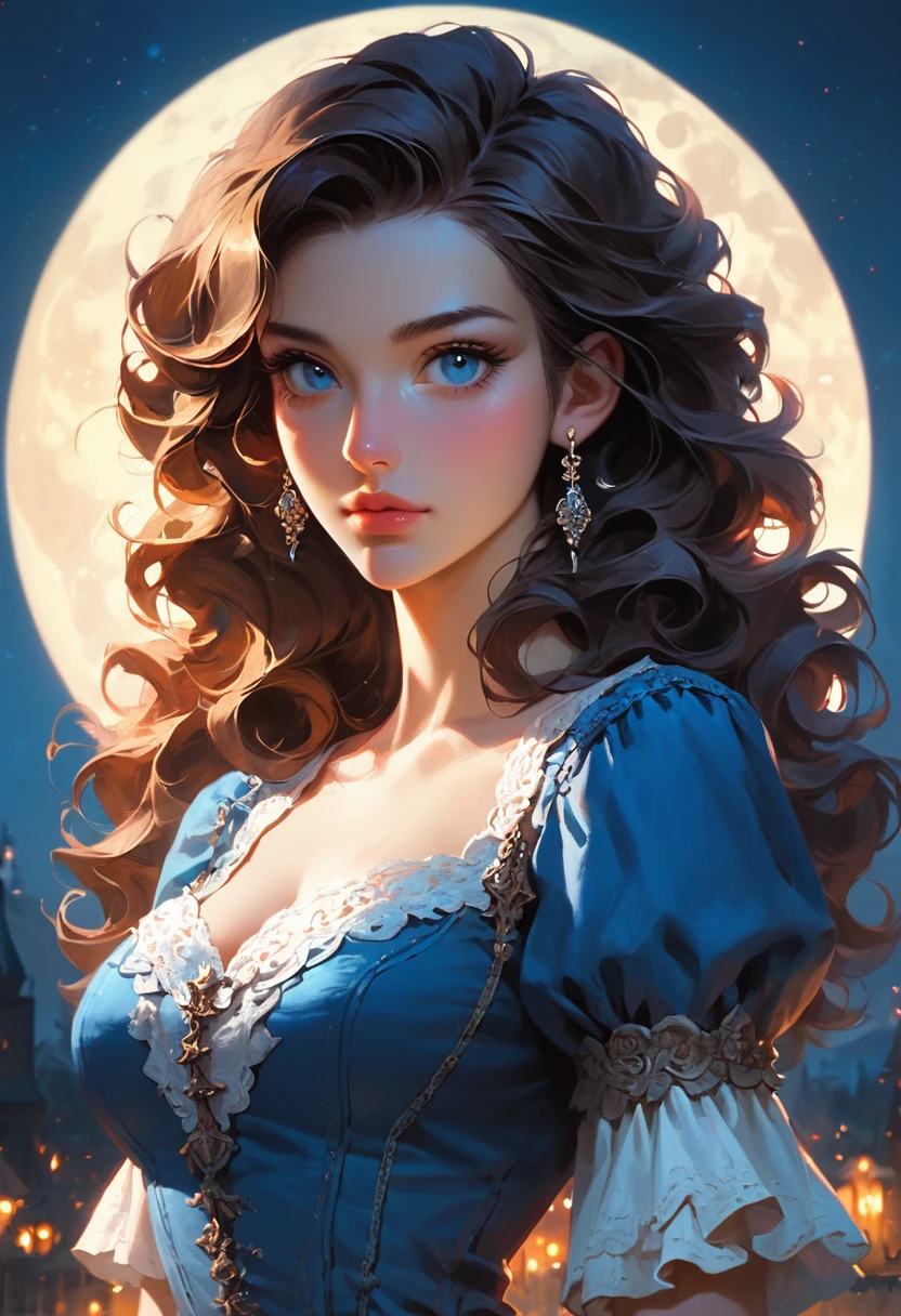 score_9, score_8_up, score_7_up, score_6_up, rating:safe, 1girl, solo, black_hair, wavy_hair, jewelry, dress, blue_eyes, earrings, long_hair, looking_at_viewer, curly_hair, upper_body, lips, lace, blue_dress, (night:1.3), cxqz8r, medieval_dress, medieval_landscape, fullmoon, rpg, hair_over_breasts, hair_censor