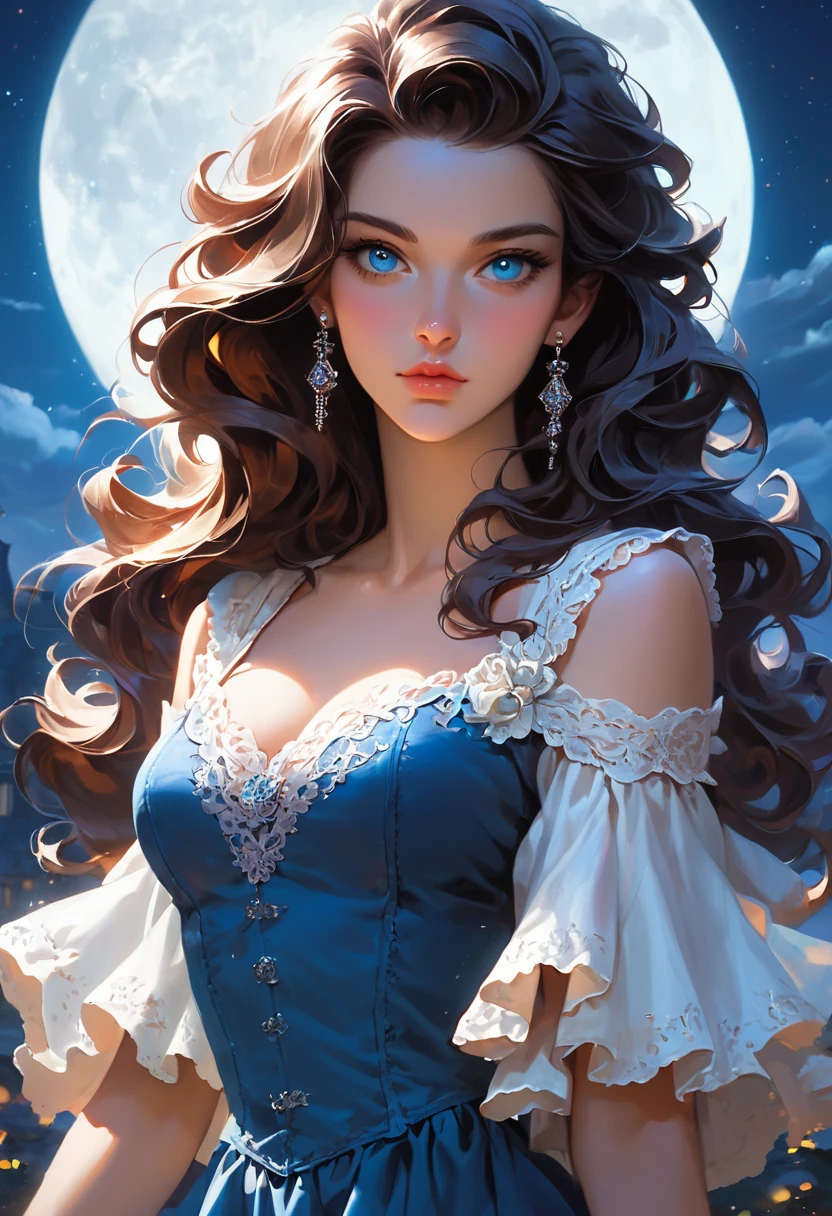 score_9, score_8_up, score_7_up, score_6_up, rating:safe, 1girl, solo, black_hair, wavy_hair, jewelry, dress, blue_eyes, earrings, long_hair, looking_at_viewer, curly_hair, upper_body, lips, lace, blue_dress, (night:1.3), cxqz8r, medieval_dress, medieval_landscape, fullmoon, rpg, hair_over_breasts, hair_censor