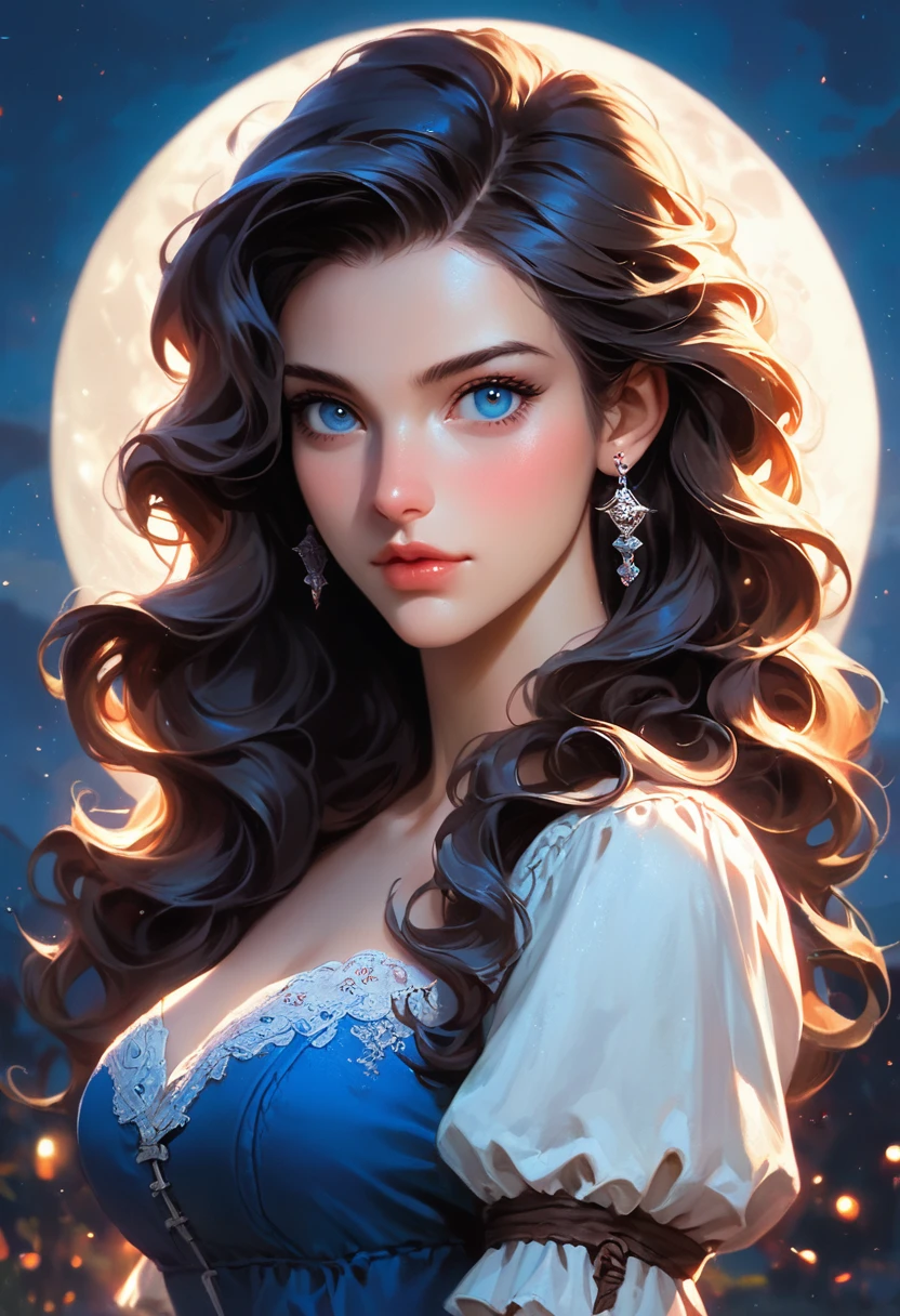 score_9, score_8_up, score_7_up, score_6_up, rating:safe, 1girl, solo, black_hair, wavy_hair, jewelry, dress, blue_eyes, earrings, long_hair, looking_at_viewer, curly_hair, upper_body, lips, lace, blue_dress, (night:1.3), cxqz8r, medieval_dress, medieval_landscape, fullmoon, rpg, hair_over_breasts, hair_censor