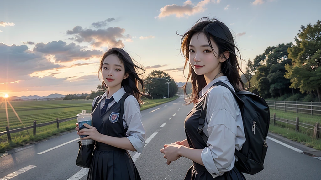 8K、RAW Photos、Highest quality、Super detailed、Super Resolution、Ultra HD、8K壁紙、Amazing details summer、evening、sunset、A rural road lined with rice fields、Paved roads、Woman walking on a country road、16 year old school girl in uniform、Drink water、School bag、Blue sky、Shining Sun、Water bottle、smile