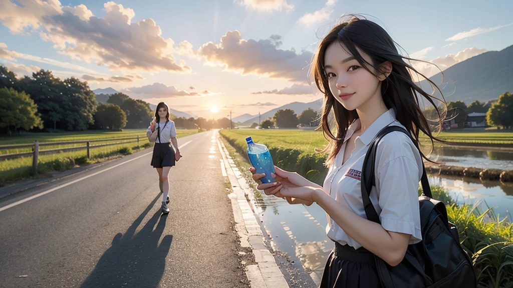 8K、RAW Photos、Highest quality、Super detailed、Super Resolution、Ultra HD、8K壁紙、Amazing details summer、evening、sunset、A rural road lined with rice fields、Paved roads、Woman walking on a country road、16 year old school girl in uniform、Drink water、School bag、Blue sky、Shining Sun、Water bottle、smile
