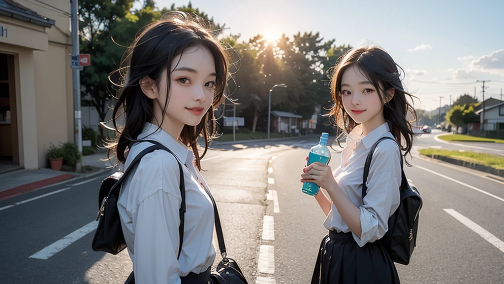 8K、RAW Photos、Highest quality、Super detailed、Super Resolution、Ultra HD、8K壁紙、Amazing details summer、evening、sunset、A rural road lined with rice fields、Paved roads、Woman walking on a country road、16 year old school girl in uniform、Drink water、School bag、Blue sky、Shining Sun、Water bottle、smile
