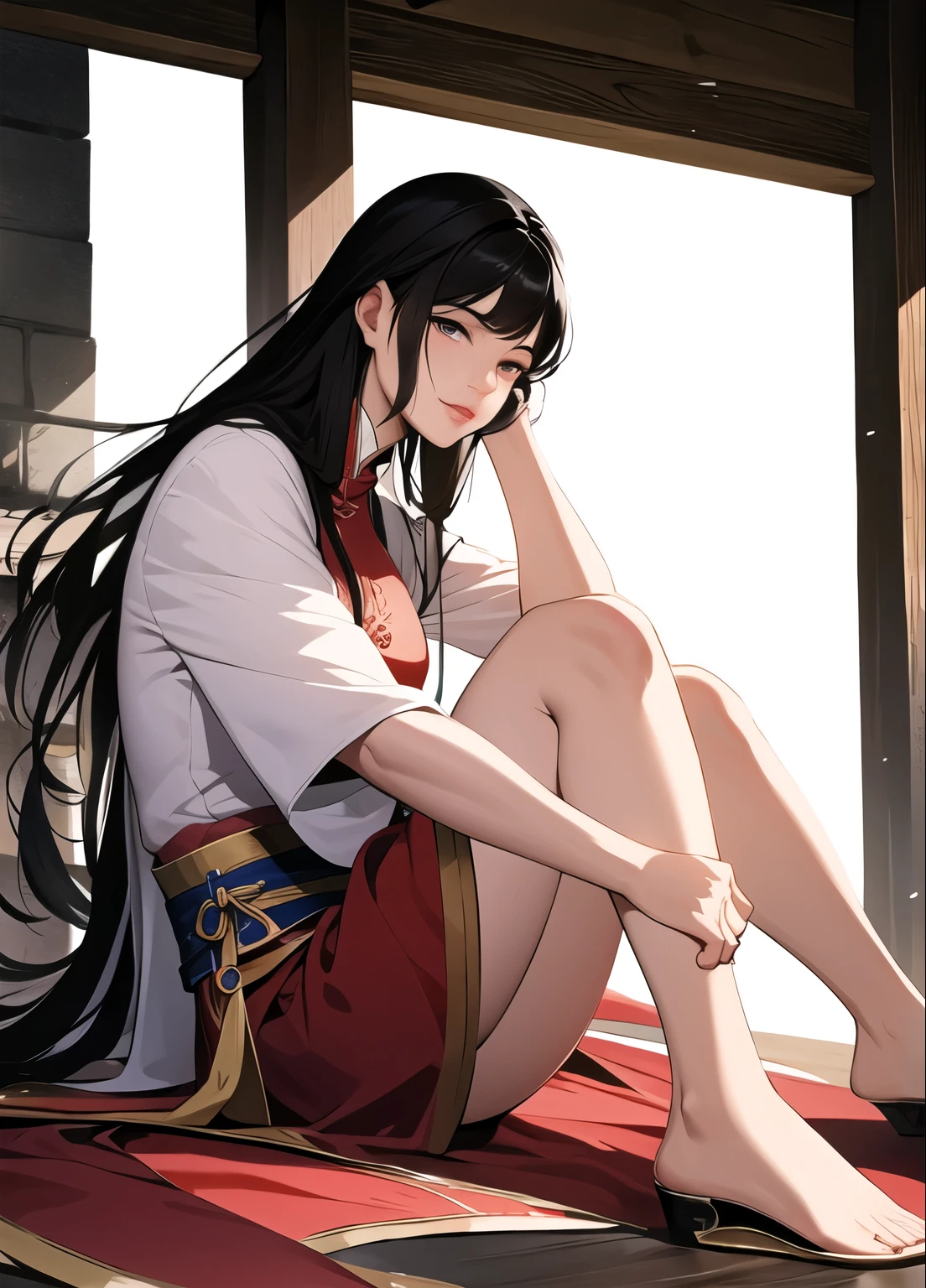 (masterpiece, best quality:1.2), ink Wuxia, solitary,full Body,Long hair,Lips,sitting,foot
