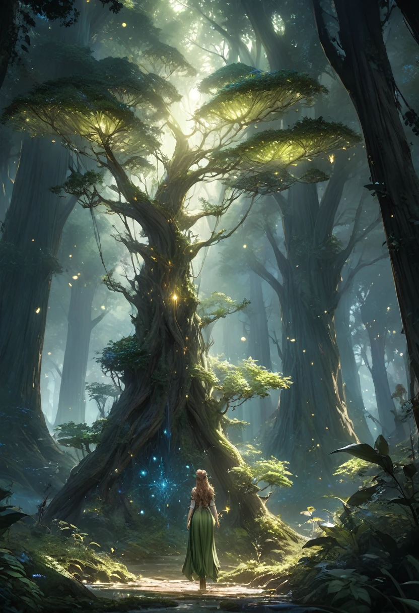 Fantasy CG concept art,A dryad is trying to seduce a man alone in the deep forest,A mysteriously beautiful depiction of a dryad,The man is a medieval traveler, a background that combines the fantasy sparkle of the deep forest and the mysterious moving darkness,(High quality, high precision images, 4k, 8k,:1.2)ultra detail
