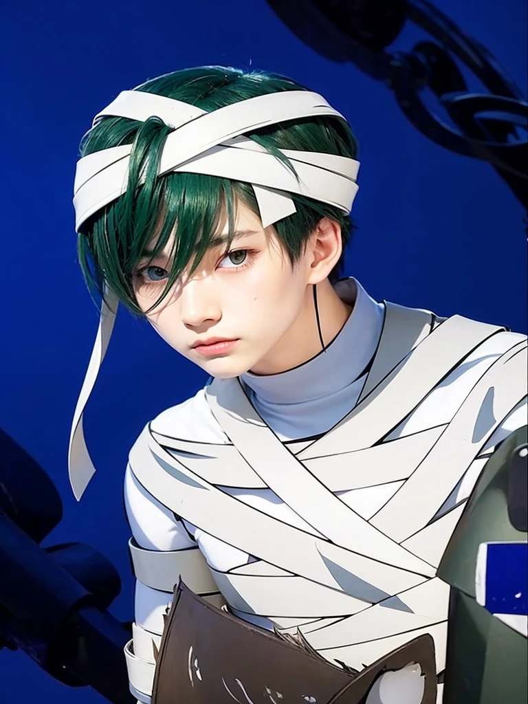 realistic looking japanese teenage boy, teal green eyes with long underlashes, thick dark green hair with bangs, lightly textured skin, wrapped by bandages to cosplay a mummy, abs