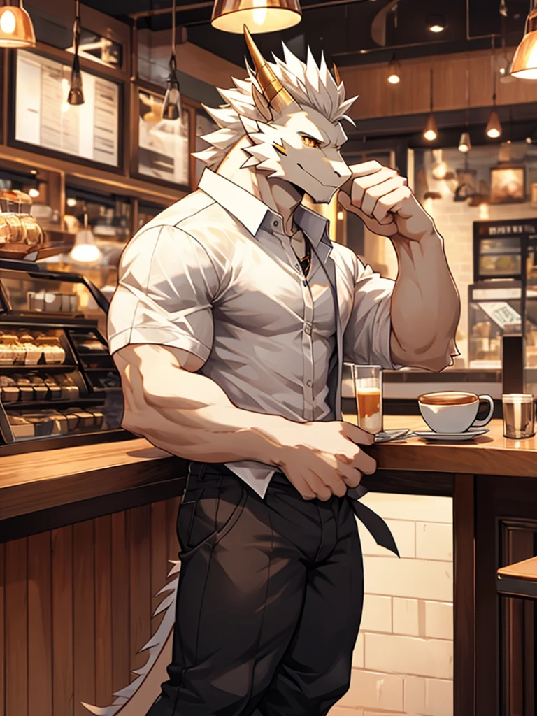 Masterpiece, Solo, Male, white Dragon, golden Eyes, white Medium Hair, Medium Muscular Body, Handsome, Good Looking, Casual Shirt, Casual Pants, Cool Pose. Cafe Background
