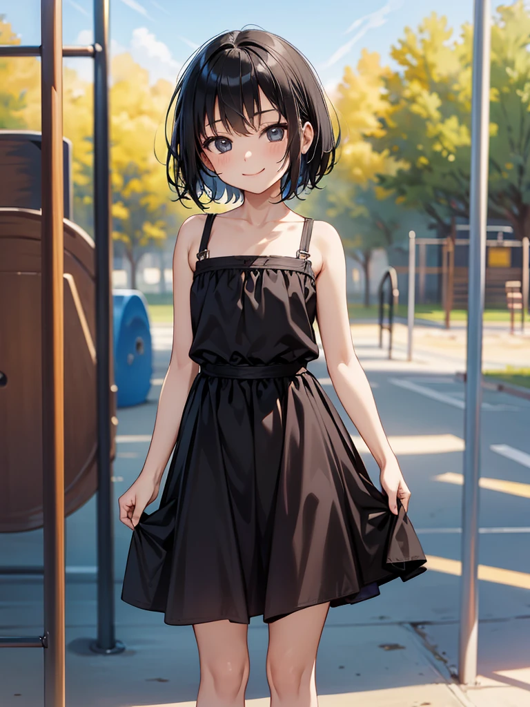 masterpiece, best quality, solo, (little girl), black hair, short hair, cowboy shot,
 smile, standing, flat chest, sundress, playground,