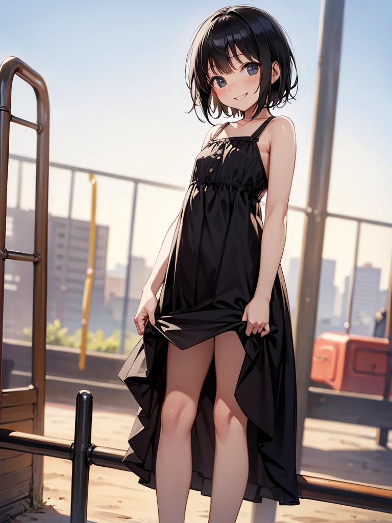 masterpiece, best quality, solo, (little girl), black hair, short hair, cowboy shot,
 smile, standing, flat chest, sundress, playground,