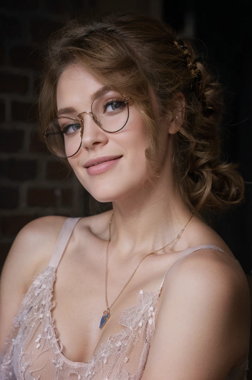 model, fashion outfit, total body, spring flower, blonde hair, ponytail, light smile, UHD, textured skin, eyeglasses