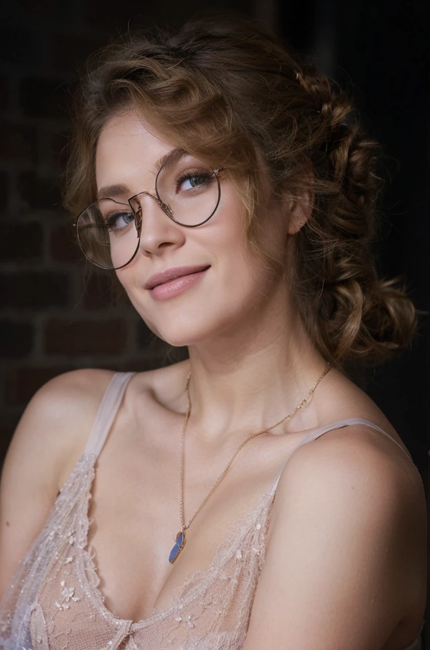 model, fashion outfit, total body, spring flower, blonde hair, ponytail, light smile, UHD, textured skin, eyeglasses