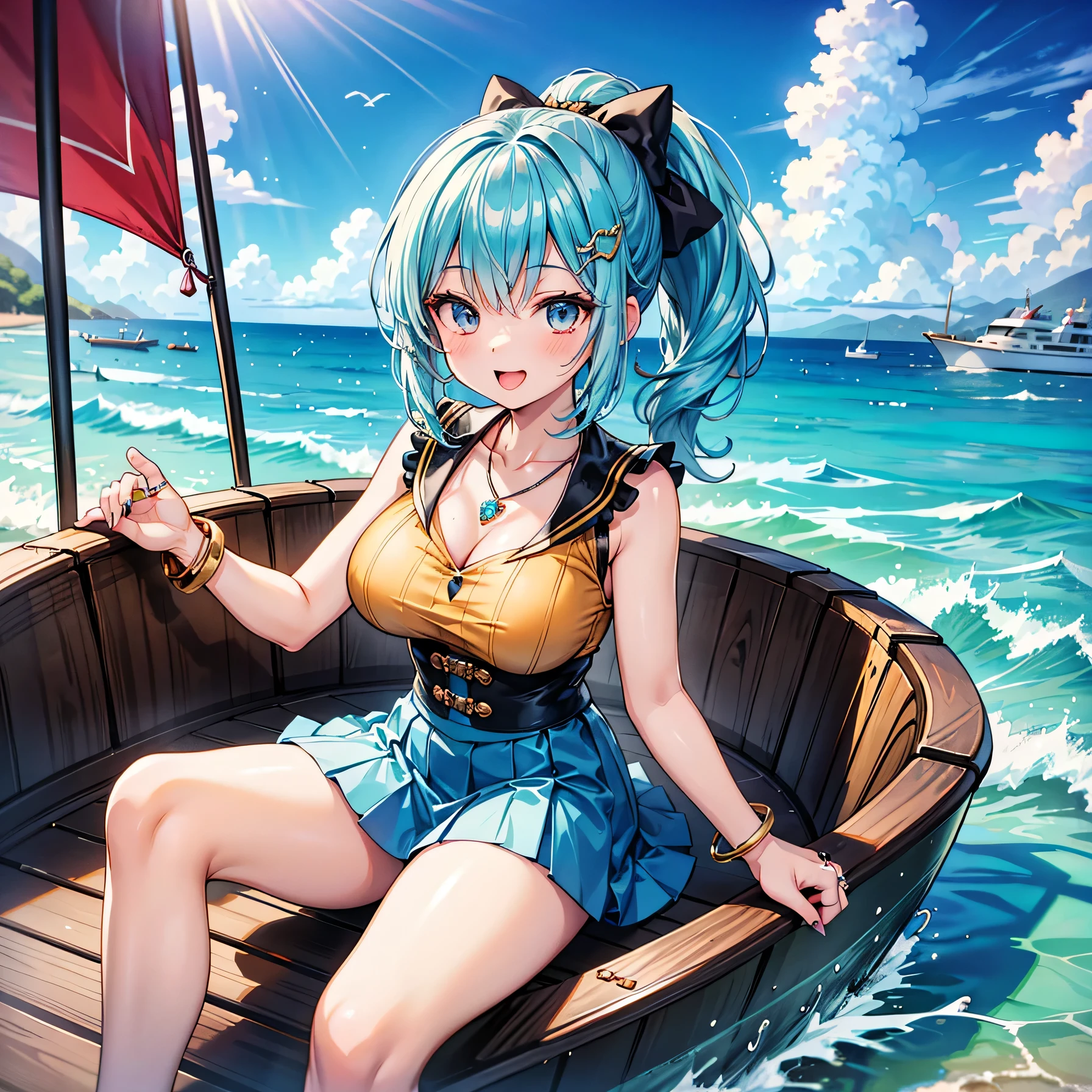 Anime Moe Art Style,Highest quality,High resolution,Anatomically correct,One Girl,Mid-teens,A girl with light blue hair in a ponytail,Super detailed,Fantasy World,Sleeveless blouse,mini skirt,Big Breasts,Shiny skin,Beautiful Skin,A rich expression,Laughing with your mouth open,Ocean,sit on the bow of a boat.Daytime,Fish out,Eyes drawn in detail,hair ornaments,necklace,bracelet,ring,8K