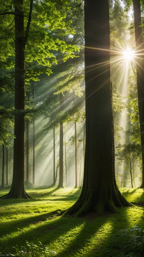 a serene forest, dappled sunlight, lush greenery, towering trees, sun rays, natural lighting, peaceful atmosphere, vibrant colors, realistic details, photographic quality, high resolution, 8k, masterpiece