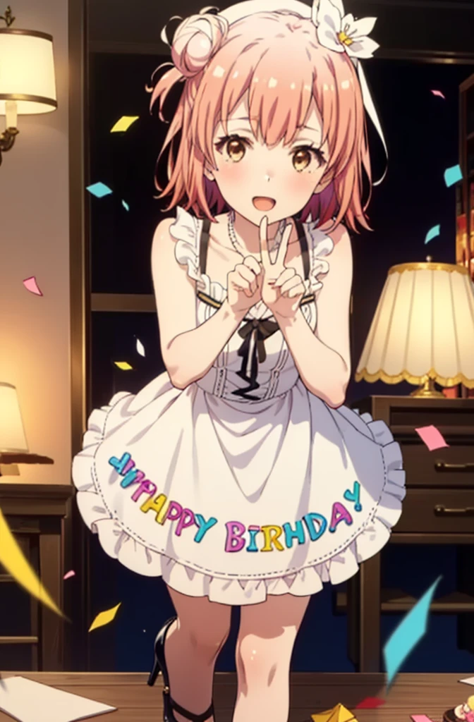 yuiyuigahama, yui yuigahama, One Girl,short hair, (Brown eyes:1.5), (Pink Hair:1.2), Hair Bun, single Hair Bun, smile,blush,Open your mouth wide,Pink sleeveless dress,Long skirt,Stiletto heels,A birthday cake with lit candles,
,There is a round birthday cake on the desk.,Confetti,cracker,whole bodyがイラストに入るように,peace sign,
break indoors, Party Venue,
break looking at viewer, whole body,
break (masterpiece:1.2), Highest quality, High resolution, unity 8k wallpaper, (figure:0.8), (Beautiful attention to detail:1.6), Highly detailed face, Perfect lighting, Highly detailed CG, (Perfect hands, Perfect Anatomy),