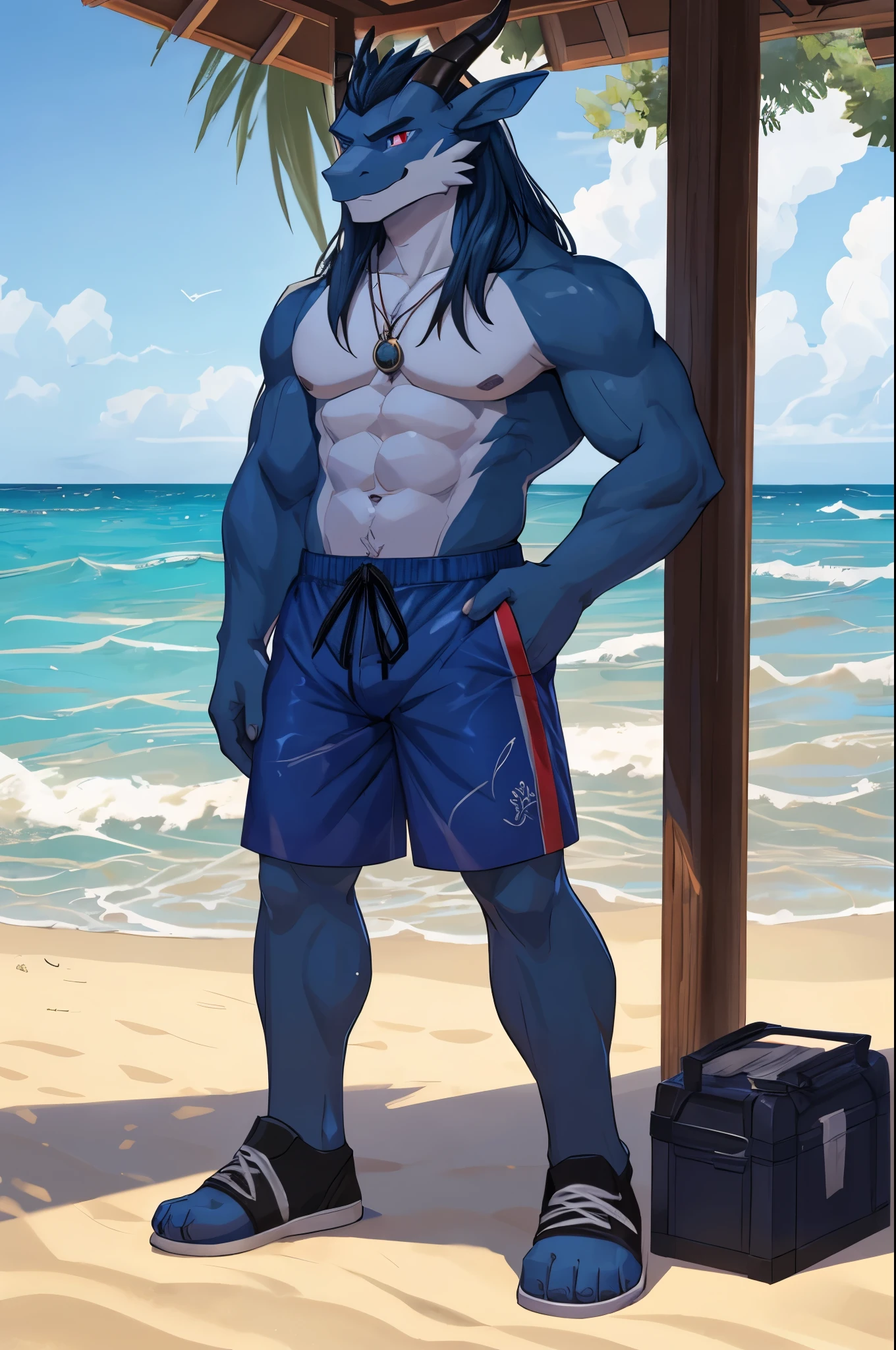Sunlight，high resolution，4K，gay，(((whole body:1.1)))，masterpiece，high quality，Brave and bold，((dragon))，male，(((seaside，Standing on the beach)))，dragonFurry，(youth)，hairy，((Handsome，Smiling face，Long hair))，((peaceful，Gentle))，(((Well-proportioned body，Small ears，Well-proportioned limbs，dragon尾巴:1.2，Meat pad)))，(((blue ears:1.5，Dark blue head，Dark blue back，Dark blue limbs，White chest，White belly，Red and blue pupils，蓝色Meat pad)))，(((Black swimming trunks，No shoes:1.3)))，Handsome脸庞，Exquisite eyes，Detailed body，Detailed hands，Detailed feet