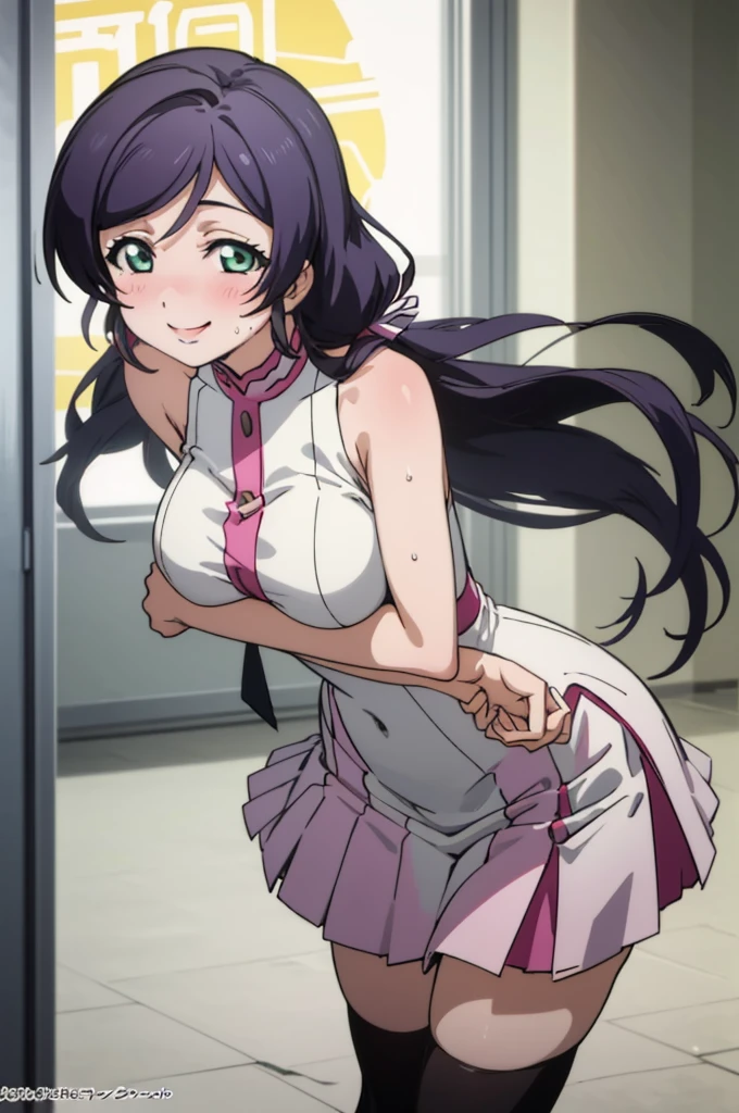 (masterpiece, best quality), 1girl, nozomi toujou,huge breasts,sexy ,,sweating,sleeveless,thighhighs,miniskirt,looking viewer,smile,1piece dress,lean forward,,squeeze huge breasts