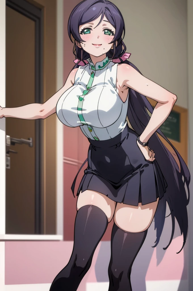 (masterpiece, best quality), 1girl, nozomi toujou,huge breasts,sexy ,,sweating,sleeveless,thighhighs,miniskirt,looking viewer,smile,1piece dress,lean forward,,squeeze huge breasts