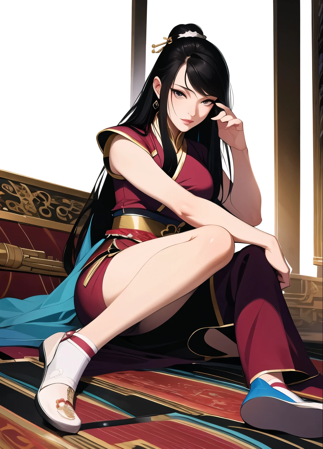(masterpiece, best quality:1.2), ink Wuxia, solitary,full Body,Long hair,Lips，sitting，foot
