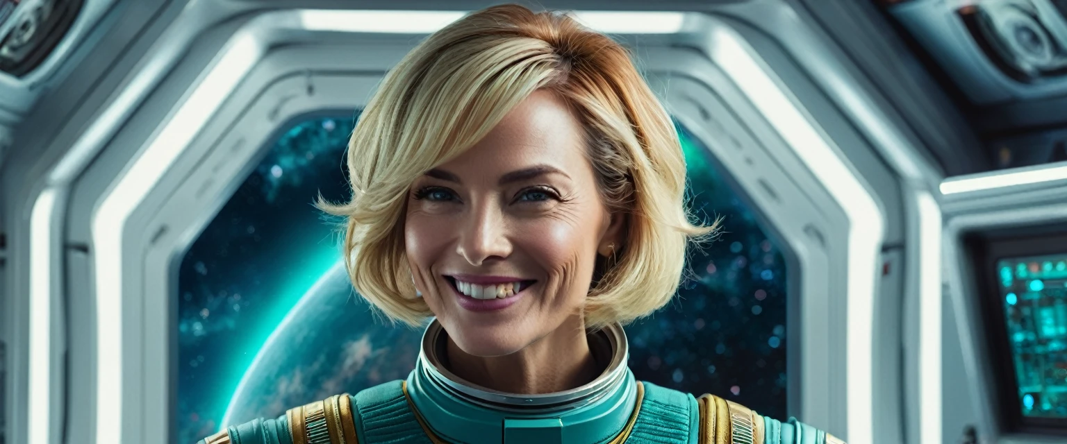 (masterpiece:1.4),(best quality,photorealistic), A beautiful Blonde woman with short Choppy Bob hair style, 48 years old, she is wearing a full length Teal space suit, she has perfect hands and face, ((she is standing in the crew recreational area of a giant space ship)), there is a bar and some gamming machines, and exclusive, Luxury, you can see a moon out of the window, space nebulas, planets, control panel, she wears a gold badge, she has a happy smile,