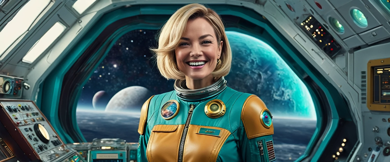 (masterpiece:1.4),(best quality,photorealistic), A beautiful Blonde woman with short Choppy Bob hair style, 48 years old, she is wearing a full length Teal space suit, she has perfect hands and face, ((she is standing in the crew recreational area of a giant space ship)), there is a bar and some gamming machines, and exclusive, Luxury, you can see a moon out of the window, space nebulas, planets, control panel, she wears a gold badge, she has a happy smile,