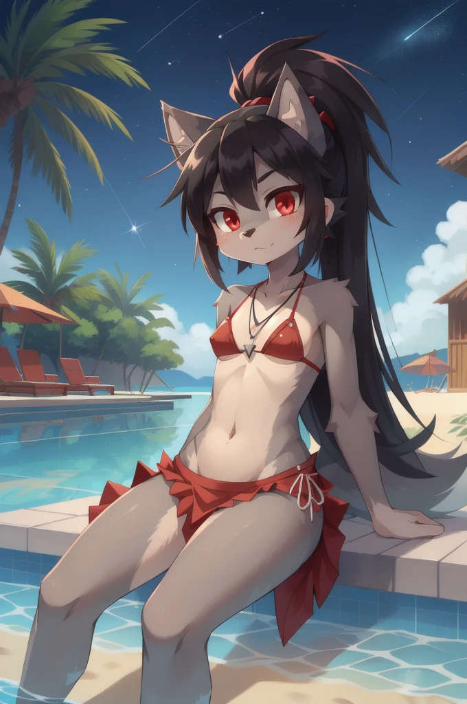 furry girl, wolf, black hair, punk hairstyle, huge long spiky ponytail, anime style, small breasts, red eyes, ((deep red bikini ruffled triangle, high cut bottom, star necklace, beach sarong with shooting stars on hips)), high quality, detailed body, detailed eyes, detailed face, masterpiece, glistening body, detailed body fur, best quality, two tone body, gray fur, clear gray fur, perfect lighting, perfect shadows, perfect eyes, perfect hair, perfect face, gorgeous body, skinny, solo, :3, pool, clear sky, sitting,