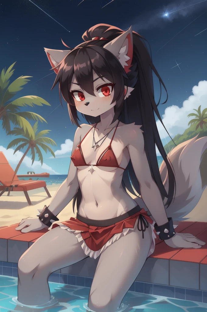 furry girl, wolf, black hair, punk hairstyle, huge long spiky ponytail, anime style, small breasts, red eyes, ((deep red bikini ruffled triangle, high cut bottom, star necklace, beach sarong with shooting stars on hips)), high quality, detailed body, detailed eyes, detailed face, masterpiece, glistening body, detailed body fur, best quality, two tone body, gray fur, clear gray fur, perfect lighting, perfect shadows, perfect eyes, perfect hair, perfect face, gorgeous body, skinny, solo, :3, pool, clear sky, sitting,