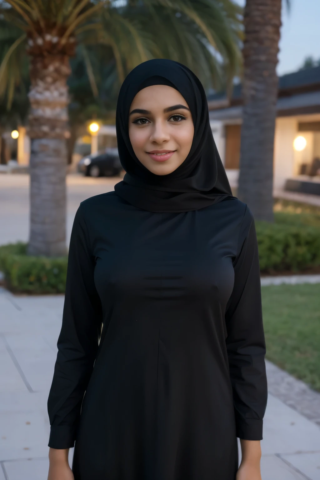 (Cute teen glamour model), gorgeous teen, ebony skinned arab, head and shoulders focus, youthful, young, teen, teenager, (looking at the camera), outdoor lighting, huge breasts, hijab, thin, skinny, dainty, delicate, no bra, black abaya dress, face focus portrait