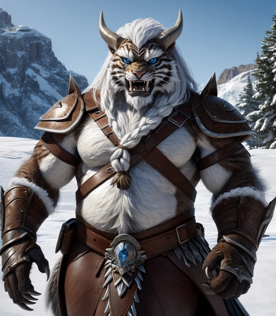 head、Animal cat face、A pair of dragon horns，Full body of fluffy white hair、Heavy breathing、Gnashing of teeth,Serious expression,Fluffy belly、Leather Armor，Viking style，wildcat、blue eyes，(Front view）Full body covered with long white hair、Hairy body、Long and thick armpit hair、Fangs、4K，Black and white photo tree background，Snow Scene，Sharp claws、Capture the composition of the whole body、