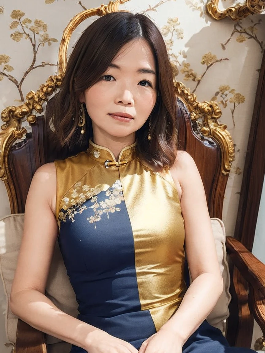 A woman wearing a Chinese dress、sitting in a luxurious room with antique furniture。The background features silk wall hangings and gold leaf decorations.、Enhances the noble aura of women。