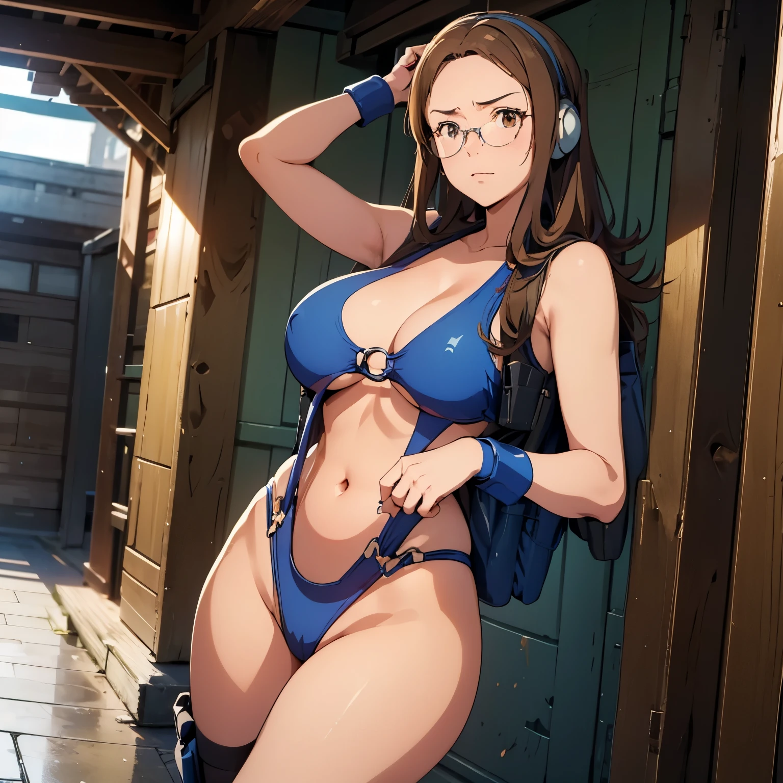 Imperial Guard Combat Uniform Swimsuit, o-ring bikini, v gundam, swimsuit, absurdres, highres, solo, cowboy shot, 1girl, neneka nibrou \(cosplay\), wristband, headphone, holster, backpack, holding gun, aiming, perfect hands, wind, (highres,best_quality,masterpiece), large breast, huge breast, srw_gunila, forehead, bangs pinned back, brown eyes, brown hair, hairclip, long hair, glasses,