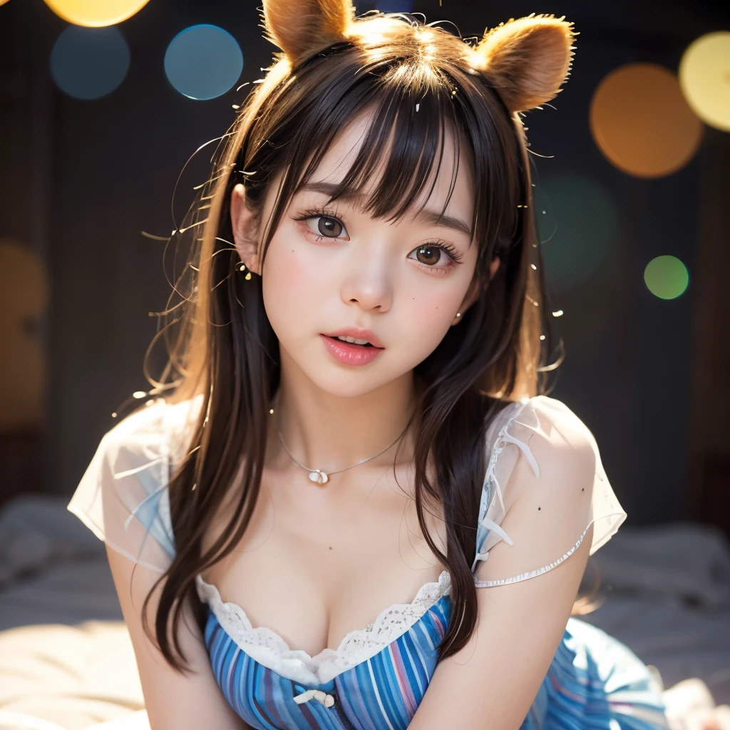 NSFW, 8k, High-level, absurd, masterpiece, best quality, primitive, very detailed CG, very detailed wallpaper, perfect lighting, Extremely detailed (((The personifying " Winnie-the-Pooh " as a Little Girl))), MysticSight, Tyndall effect, Tyndall scattering, Studio gray background with (many Dazzling RainbowColor particles BokeH:1.28), (RoundlyButts, ThighGap), (Exposed:0.4), (Assfocus with looking ahead), BREAK (NOGIZAKA face variations) Extremely Detailed very KAWAII face variations, perfect anatomy, Childish, captivating gaze, elaborate detailed Eyes with (sparkling highlights:1.28), long eyelashes、Glossy RED Lips with beautiful details, Coquettish tongue, Rosy cheeks, Radiant PearlSkin with clear transparency . { (Dynamic LifeLike expressions:1.4) | :d) }, (large eyes:-1) .