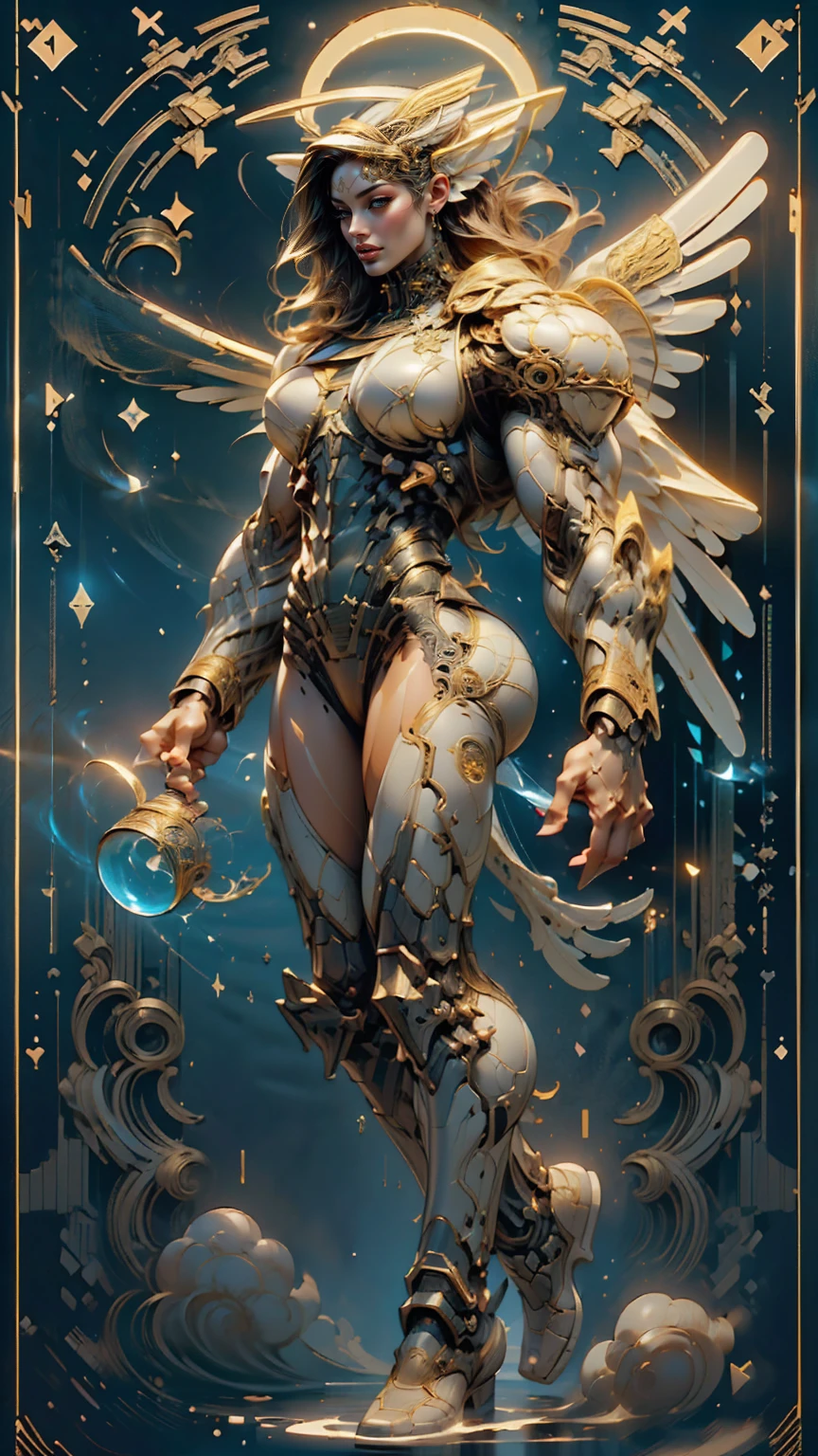 (cara delevingne), ((((((1 muscular angel girl)))))), (((huge upper body))), long hair, ((((huge angelic wings))), (((intricate ornate angelic full body armor))), ((((full body front view)))), (((perfect hands, perfect fingers))), (((tarot style background)))