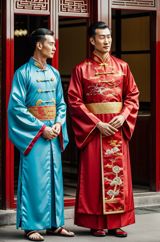 A tall man wearing traditional Chinese clothing stood and another man wearing traditional Chinese clothing sat next to him, who was a thin man.