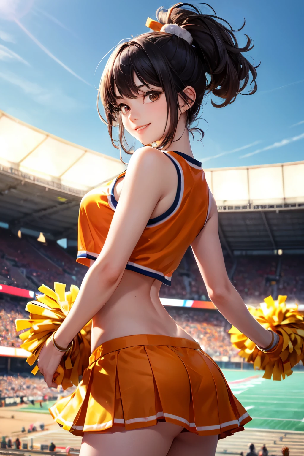 very cute and beautiful cheerleader girl,(highly detailed beautiful face),(holding pom poms:1.1),(smile:1.3),happy,
(stadium stands),cowboy shot,dynamic pose,(sleeveless orange cheerleader shirt),beautiful legs,
looking at viewer,black hair,hair band,
(best quality,masterpiece),absurdres,highres,ultra-detailed,extremely detailed,32k,8k resolution,
intricate details,cinematic scene,detailed background,solo,dynamic angle, hair fluttering in the wind,beautiful detailed sky,
