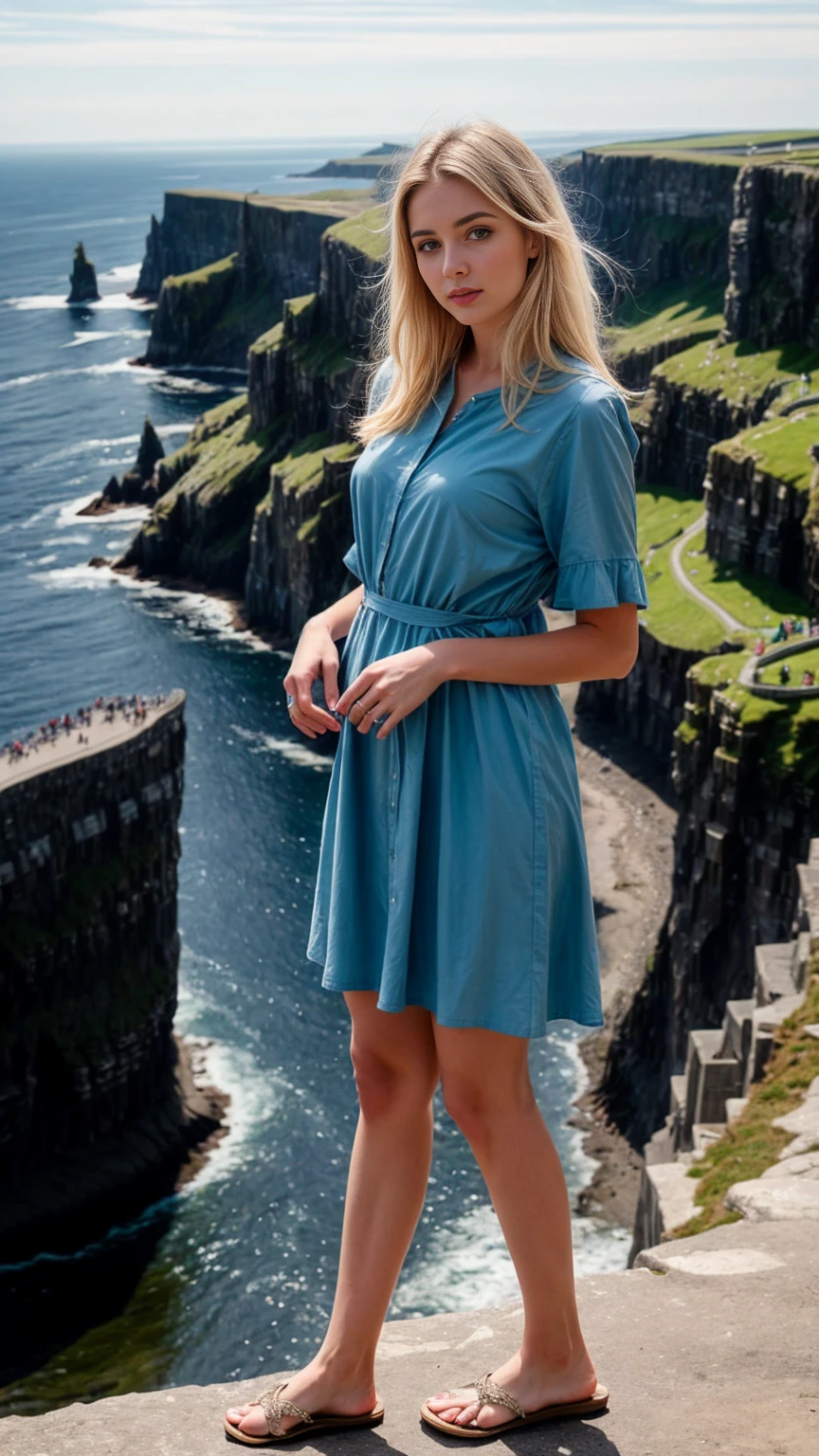 A beautiful europian girl, full body, wearing crepe de Chine dress, sky blue dress, standing on the edge of the Moher Cliffs. She is 24 years old, has white hair and light sky blue eyes. Her cloth is stylish and her overall appearance is stunning. The girl's face is extremely detailed with beautifully detailed lips. Her skin is anatomically correct with realistic textures. The image should have super high details and be of the best quality, with a resolution of 8K. The final result should be a masterpiece, showcasing the girl's beauty and the vibrant atmosphere of the ocean and Moher Cliffs
