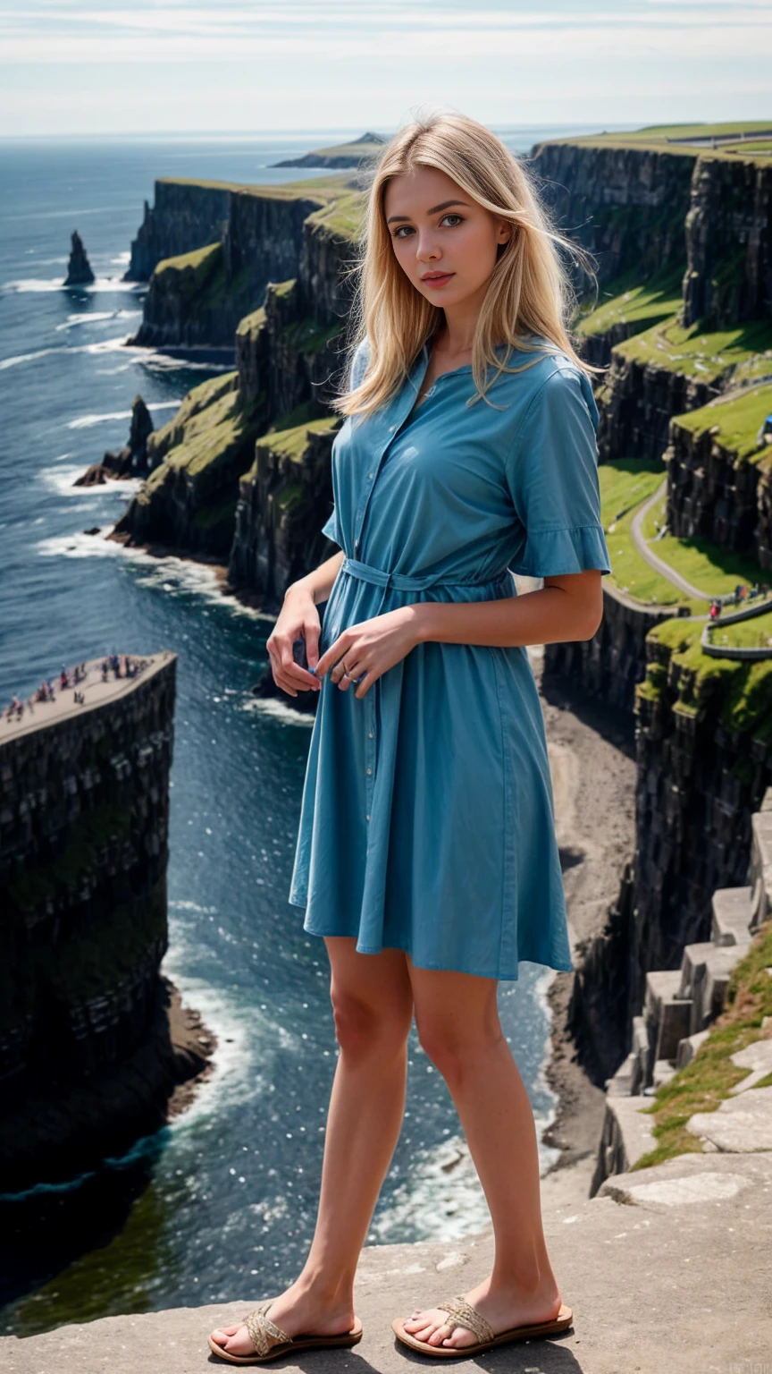 A beautiful europian girl, full body, wearing crepe de Chine dress, sky blue dress, standing on the edge of the Moher Cliffs. She is 24 years old, has white hair and light sky blue eyes. Her cloth is stylish and her overall appearance is stunning. The girl's face is extremely detailed with beautifully detailed lips. Her skin is anatomically correct with realistic textures. The image should have super high details and be of the best quality, with a resolution of 8K. The final result should be a masterpiece, showcasing the girl's beauty and the vibrant atmosphere of the ocean and Moher Cliffs