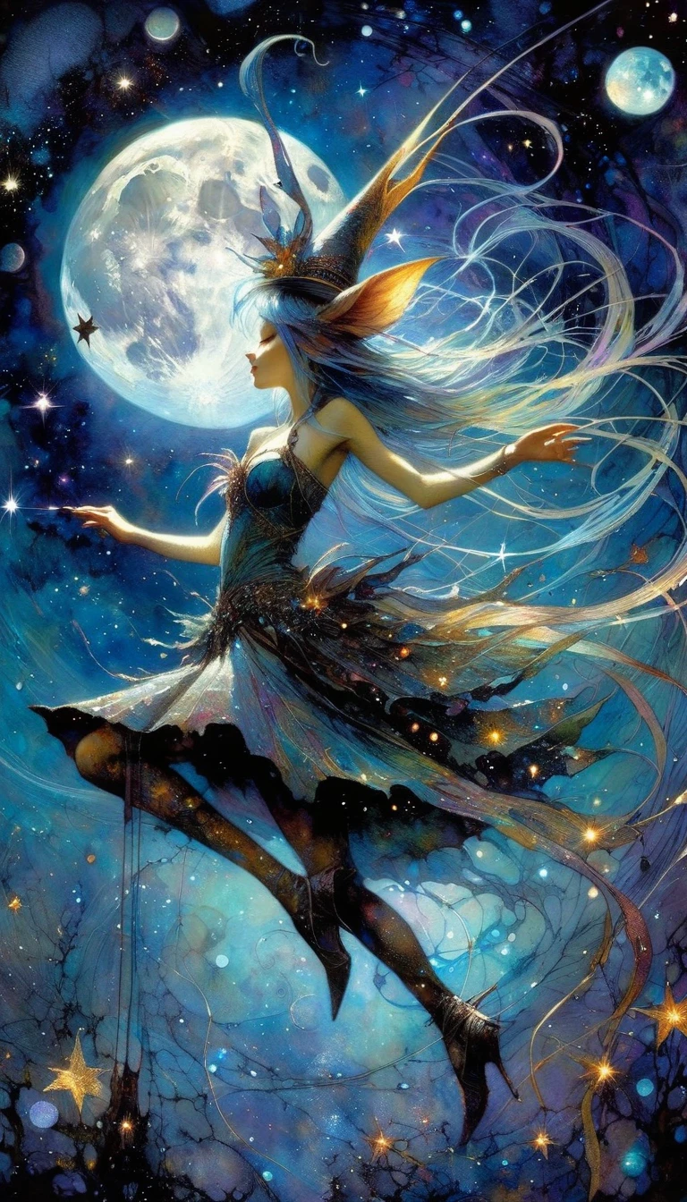 magician girl, , fantastic, night sky, moon, stars, background, (art inspired by Brian Froud and Carne Griffiths and Wadim Kashin, intricate details, oil )