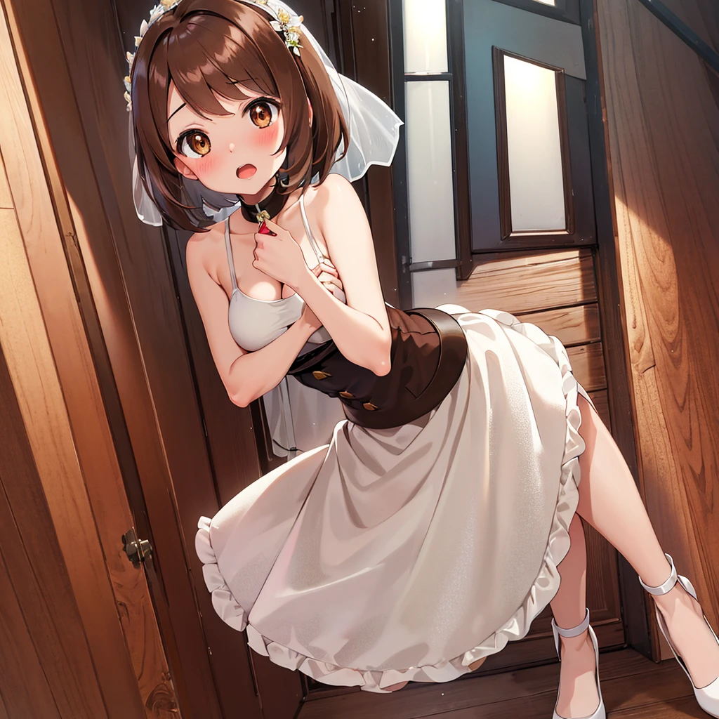 masterpiece, Highest quality, High resolution, Gloria1, 1 Girl, Gloria\(Pokémon\), Brown Hair, , Brown Eyes, , Short Hair, , Bobcut, bangs, , 　１Describe a girl carefully　１Girl　Expression in love　blush　Open Mouth　blush　church　Wedding dress（mini skirt）　breast enhancement