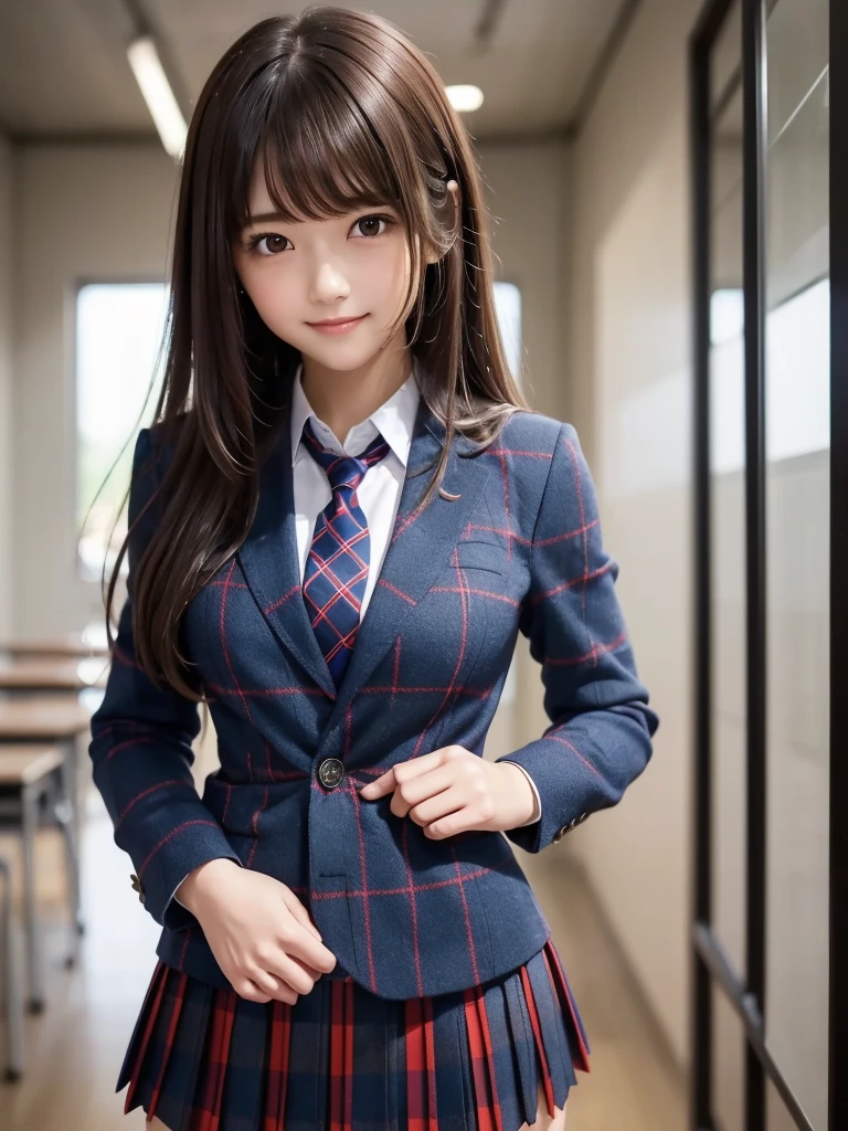 (8K, RAW Photos, Highest quality), Stand in the classroom of school, (((((((One woman))))))), ((Brown Hair)), ((Long Bob Hair)), ((Detailed eyes)), ((smile)), ((Red tie)), (((Dark blue closed blazer))), (((A blue plaid pleated miniskirt that wraps around the hips))), Asymmetrical bangs, 楽しそうなsmile, Thighs, knees, Random pose,pretty girl,Slender girl