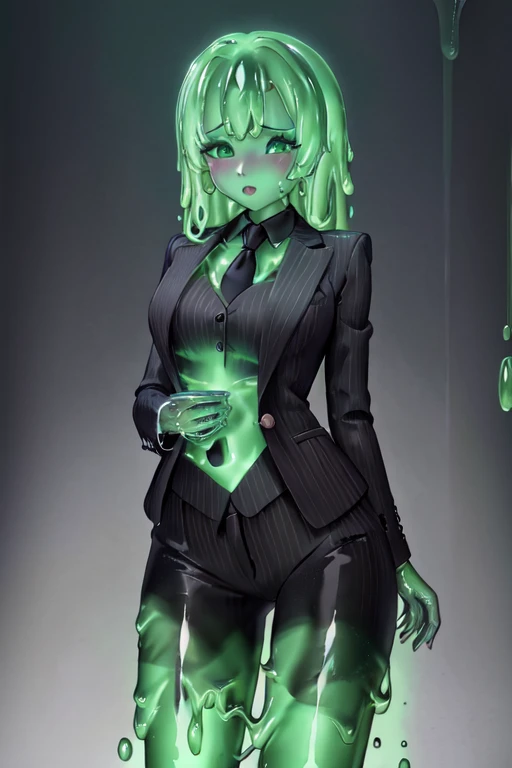 a beautifully detailed slime girl with luminous green eyes, blushing cheeks, shocked expression, standing gracefully in a masterpiece-level illustration, ultra-detailed and high-resolution, 1boy, black business suit