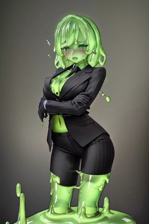 a beautifully detailed slime girl with luminous green eyes, blushing cheeks, shocked expression, standing gracefully in a masterpiece-level illustration, ultra-detailed and high-resolution, 1boy, black business suit